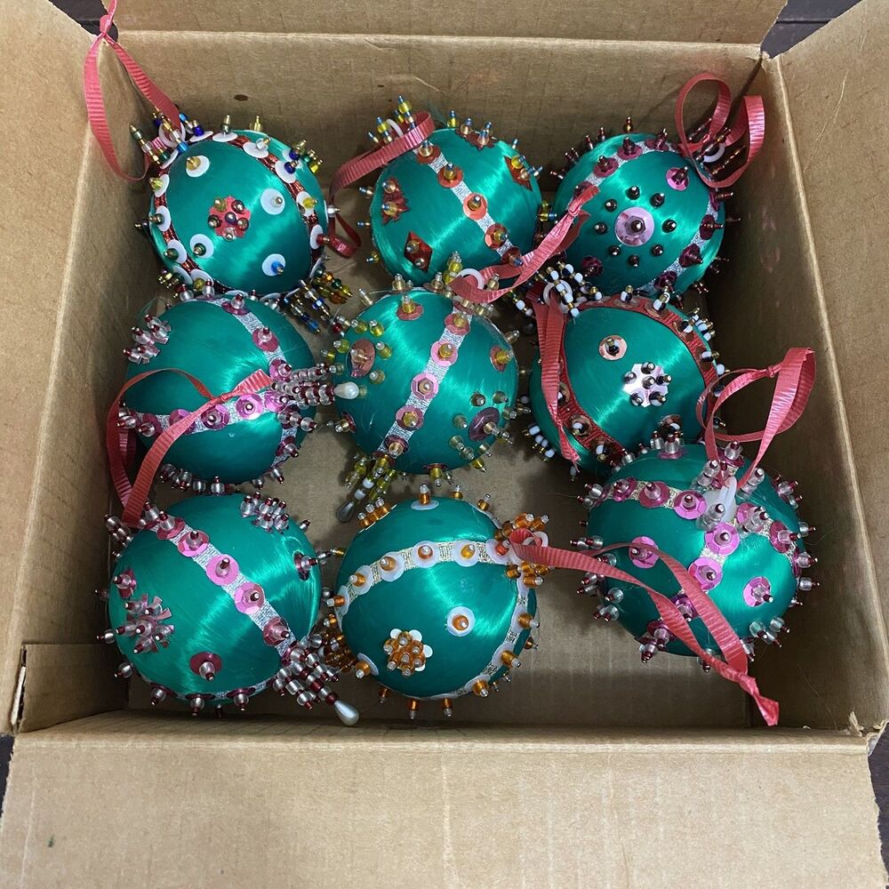 Vtg Handmade Christmas Ornaments Green Multicolor Sequins Beads Pins Hanging